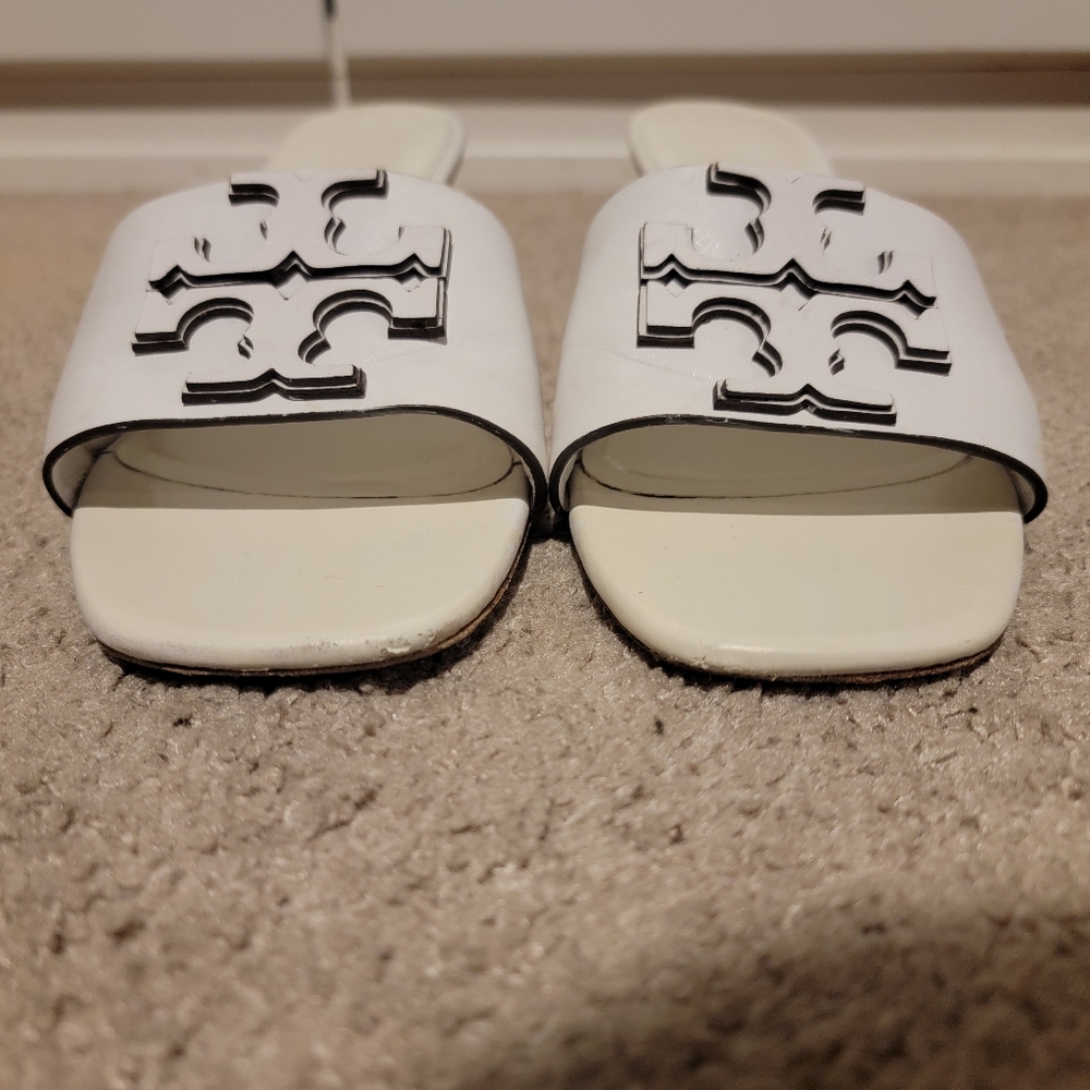 Tory Burch Ines Goat Leather Mule Heeled Sandal Gardenia/White Size 8.5 - Picture 7 of 12
